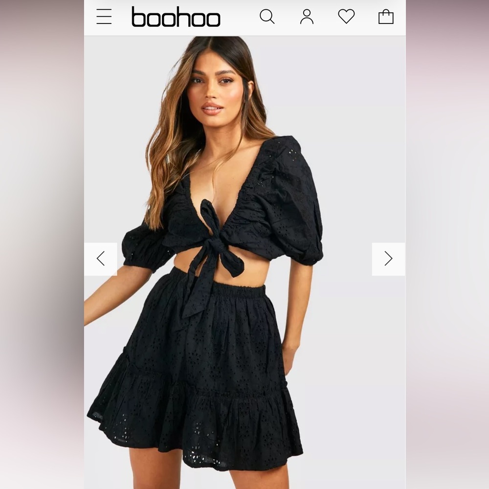 Boohoo Broderie Sweetheart Knot Front Crop & Mini Skirt